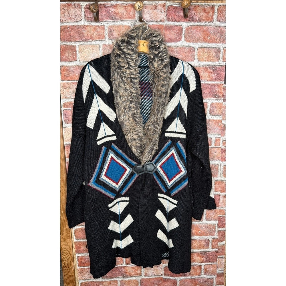 Steel Roses Y2K Bohemian Style Southwestern Faux Fur‎ Collar Cardigan Size L